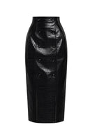 Black leather sculpted midi skirt by Keira Tong, featuring a fitted design and sleek silhouette.