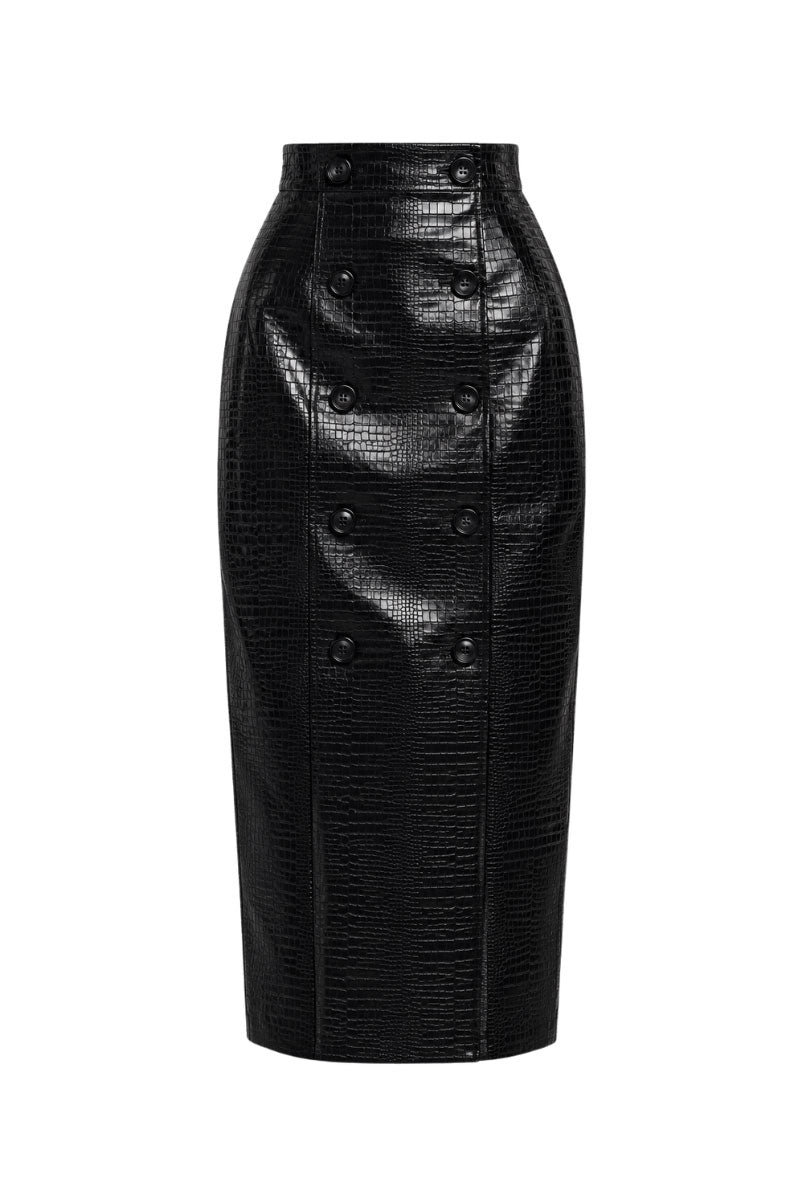 Black leather sculpted midi skirt by Keira Tong, featuring a fitted design and sleek silhouette.