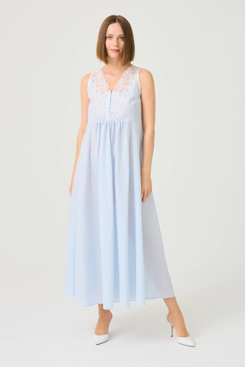 Bocan Couture Clariss long cotton voile nightgown with off-white lace, flowing design and delicate lace details.