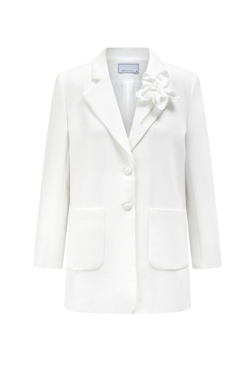White Ontario blazer by Arti Apparel, tailored fit, with lapels and front buttons, displayed on a hanger.