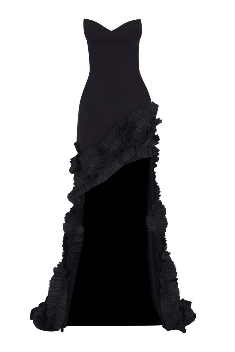SIDNEY BLACK RUFFLED STRAPLESS MERMAID GOWN - CULT MIA