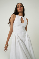 White PISA midi dress by Summer Away featuring a fitted silhouette and elegant midi length, perfect for summer or casual occasions.