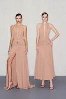 CEM gold jeweled embellishment A-line midi dress with intricate detailing and elegant silhouette, displayed on a plain background.
