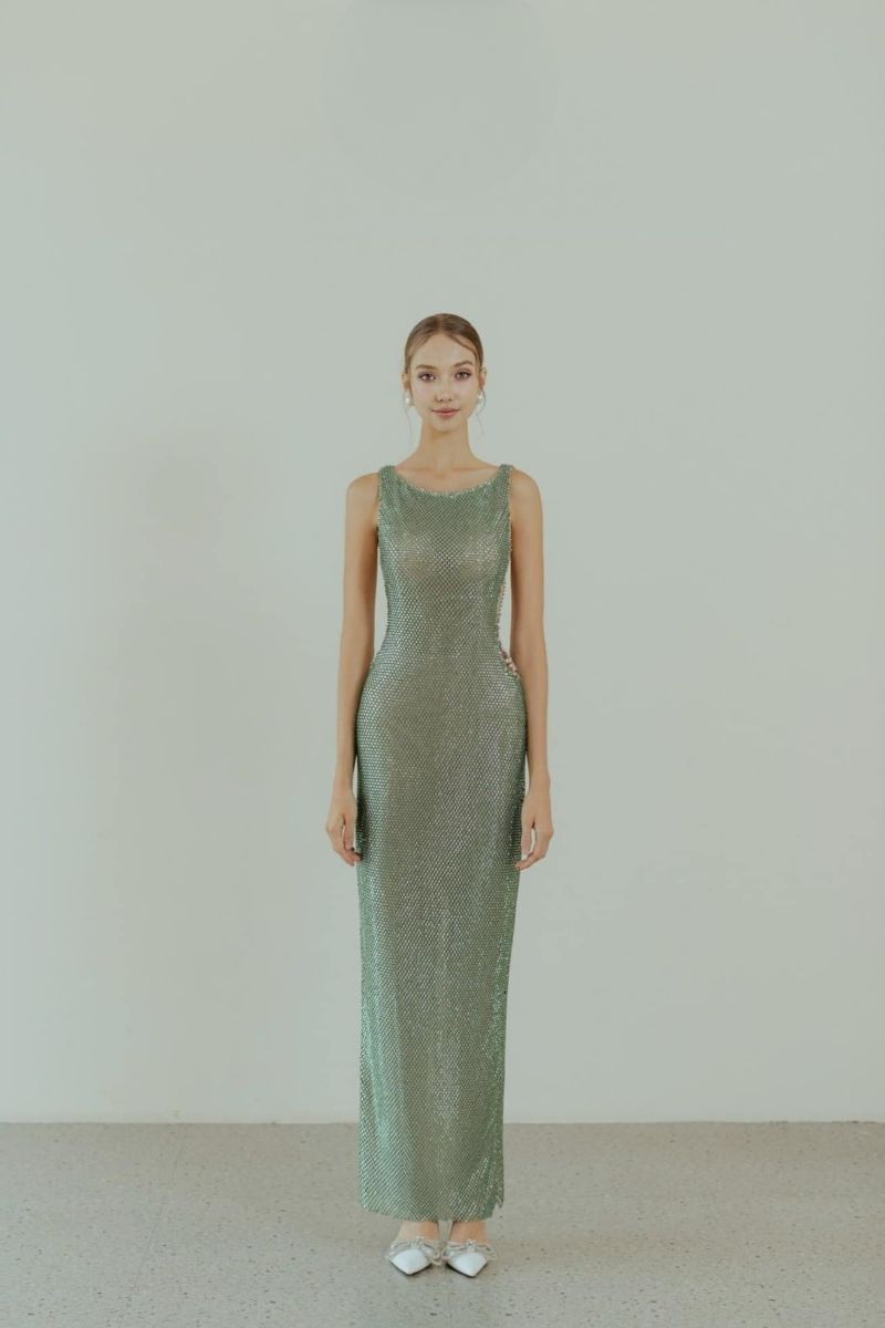 SLAY GREEN CRYSTAL BEADED MAXI DRESS - CULT MIA