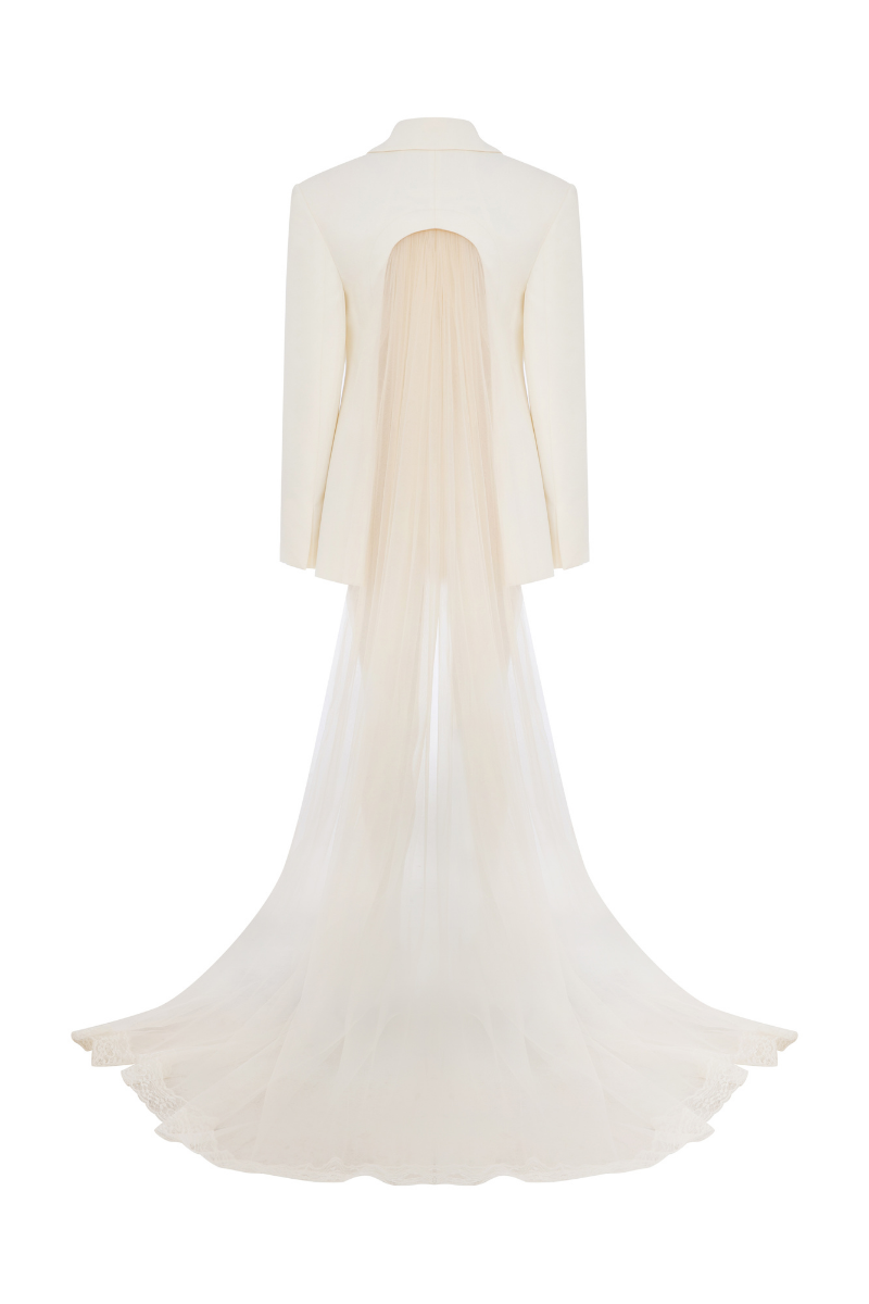 Sudi Etuz blazer with a full-length tulle train at the back, stylish tailored blazer with dramatic tulle detail in the back.