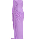 Purple strapless chiffon maxi dress by CEM, flowing fabric with a fitted bodice and elegant floor-length silhouette.