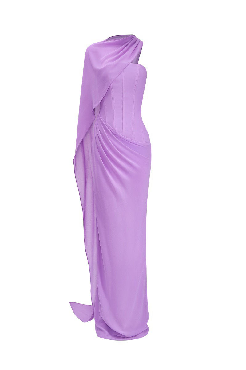 PURPLE STRAPLESS CHIFFON DRESS