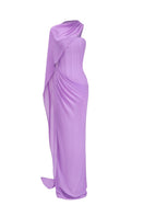Purple strapless chiffon maxi dress by CEM, flowing fabric with a fitted bodice and elegant floor-length silhouette.