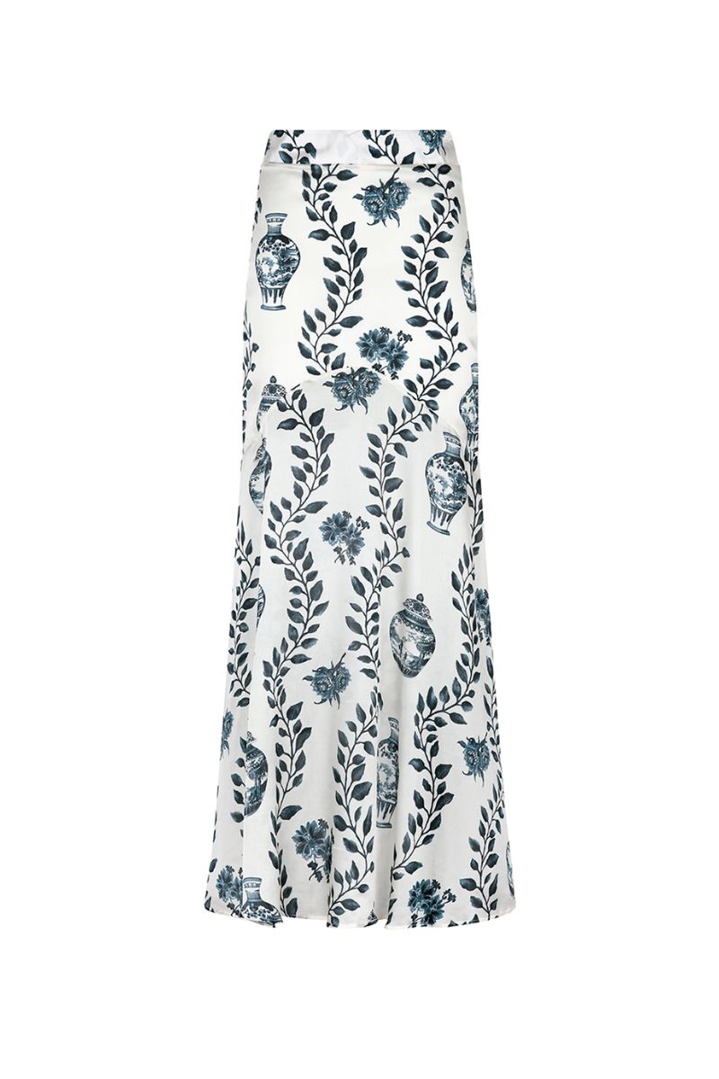 Aguaclara Dynasty Mermaid Maxi Skirt in flowing fabric with a mermaid-inspired design, featuring vibrant colors and intricate patterns.