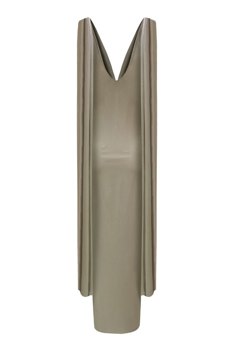 LEDIEL Olga taupe gown featuring a flowing design with elegant fabric and a sophisticated silhouette.
