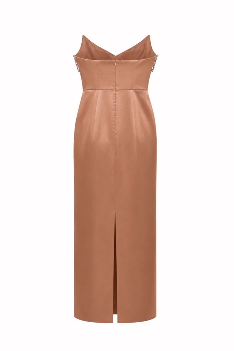 HACCHIC COUTURE Aurora embellished blush nude column maxi dress with intricate beadwork and elegant silhouette.