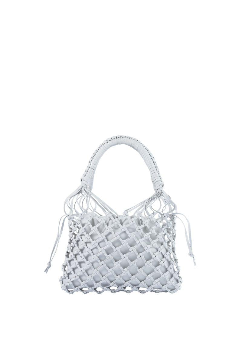 White Adriana Castro La Red Mini Leather Top Handle Bag with sleek design and elegant structure.