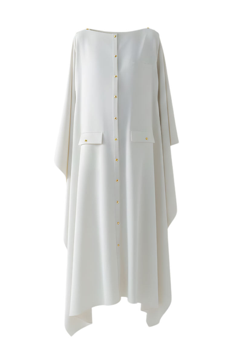 White off-shoulder maxi dress by DOC BAN, flowing fabric, and elegant style perfect for summer or formal occasions.