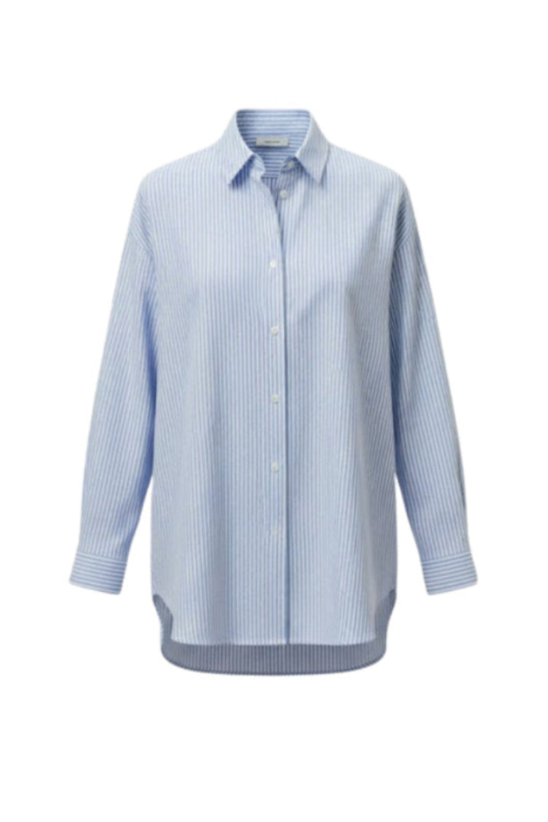 Pinstripe gathered-cuff shirt by Levia, featuring a tailored fit, classic pinstripe pattern, and stylish gathered cuffs.