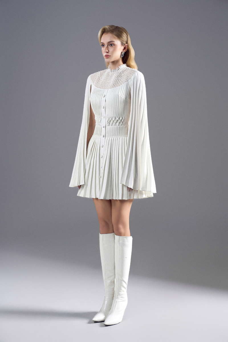 TWEED HIGH-NECK A-LINE MINI DRESS IN WHITE | CULT MIA