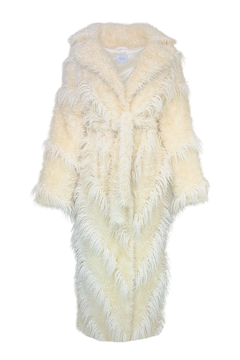FAUX FUR MAXI COAT WITH DIAGONAL PANELS IN ECRU - CULT MIA