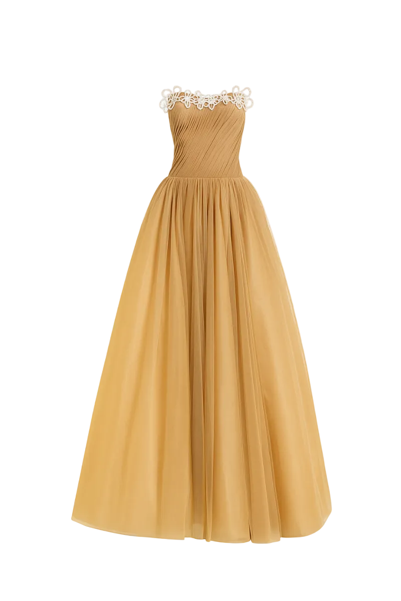 OFF-SHOULDER CHIFFON AND MESH GOWN