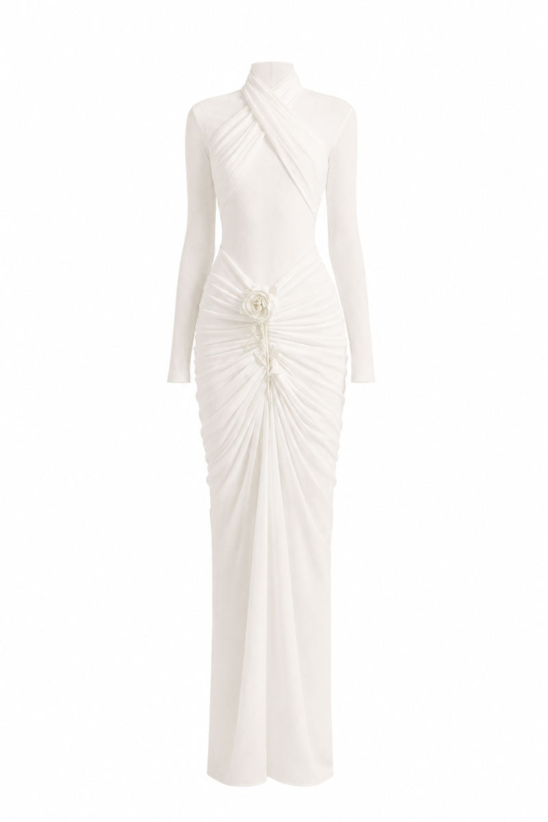 White Plan Armetis gown with elegant design, featuring flowing fabric and intricate details, perfect for formal occasions.