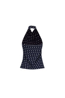 Black Valenciani halter neck backless top displayed on a hanger with sleeveless design and stylish fit.