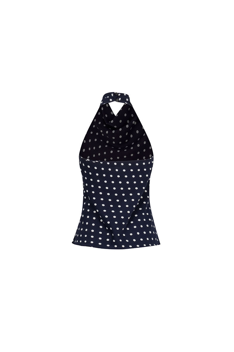 Black Valenciani halter neck backless top displayed on a hanger with sleeveless design and stylish fit.