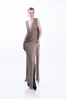 LEDIEL Olga Taupe Dress, elegant gown with flowing fabric and subtle detailing, perfect for formal occasions.
