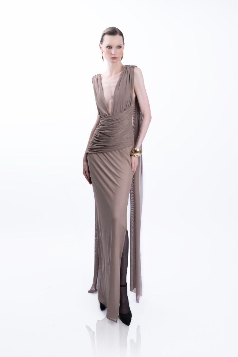LEDIEL Olga Taupe Dress, elegant gown with flowing fabric and subtle detailing, perfect for formal occasions.