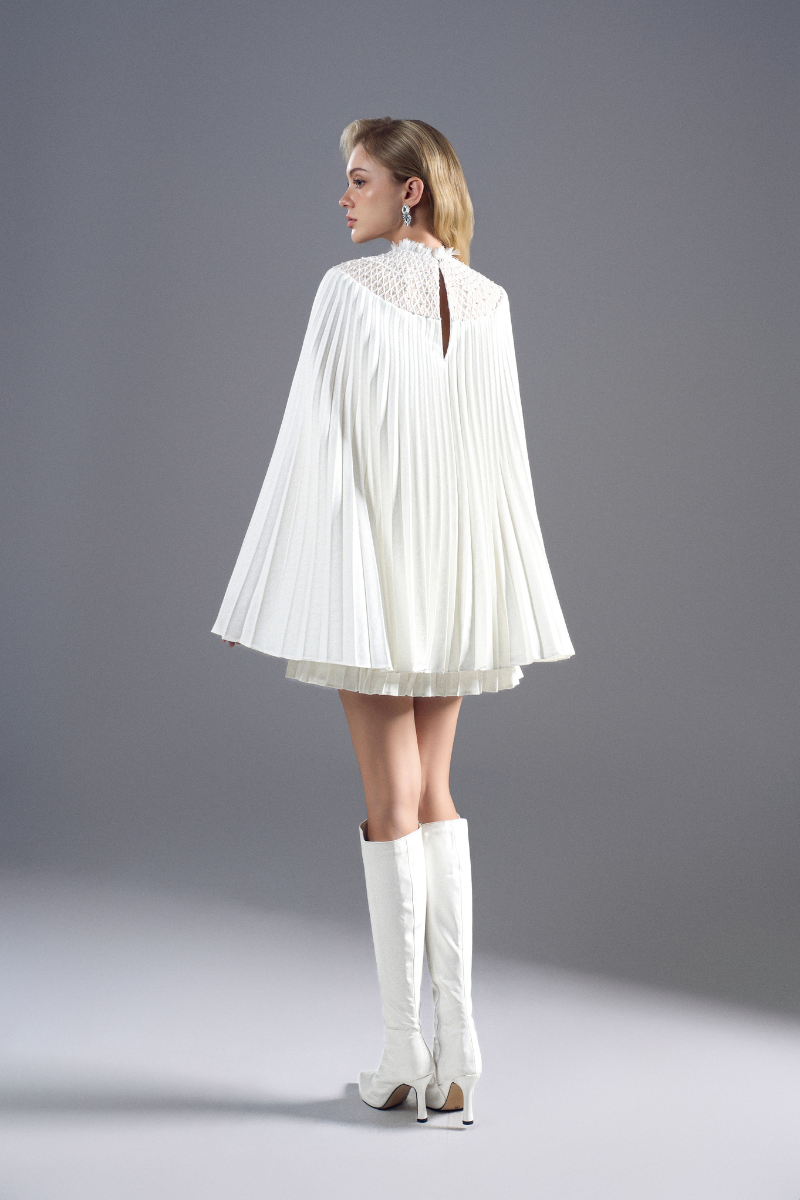 TWEED HIGH-NECK A-LINE MINI DRESS IN WHITE | CULT MIA | ROSEE DE MATIN TWEED HIGH-NECK A-LINE MINI DRESS IN WHITE | CULT MIA | ROSEE DE MATIN
