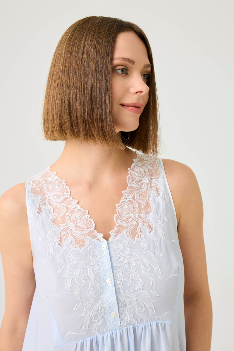 Bocan Couture Clariss long cotton voile nightgown with off-white lace detailing and flowing fabric.