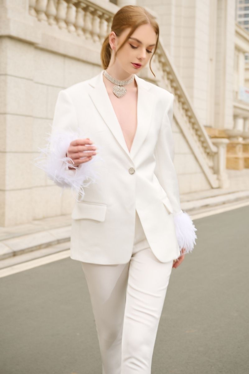 WHITE KELLY TAFFETA FEATHER SUIT JACKET AND PANTS SET - CULT MIA