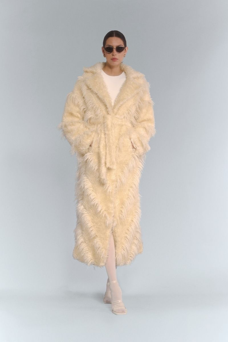 FAUX FUR MAXI COAT WITH DIAGONAL PANELS IN ECRU - CULT MIA