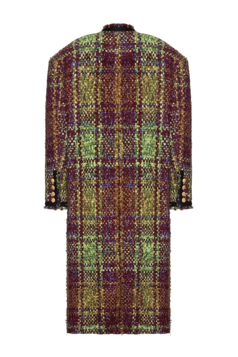 Lalo oversized brown tweed coat hanging on a wooden rack, showcasing the textured fabric and relaxed fit style.