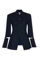 ColoReve Contess blue checked blazer, tailored fit with notched lapel and front button closure, styled on a mannequin.