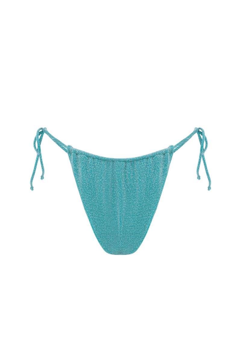 Suncillo Claudia sparkly turquoise bikini bottom with shimmering fabric and fitted design, perfect for beach or poolside wear.
