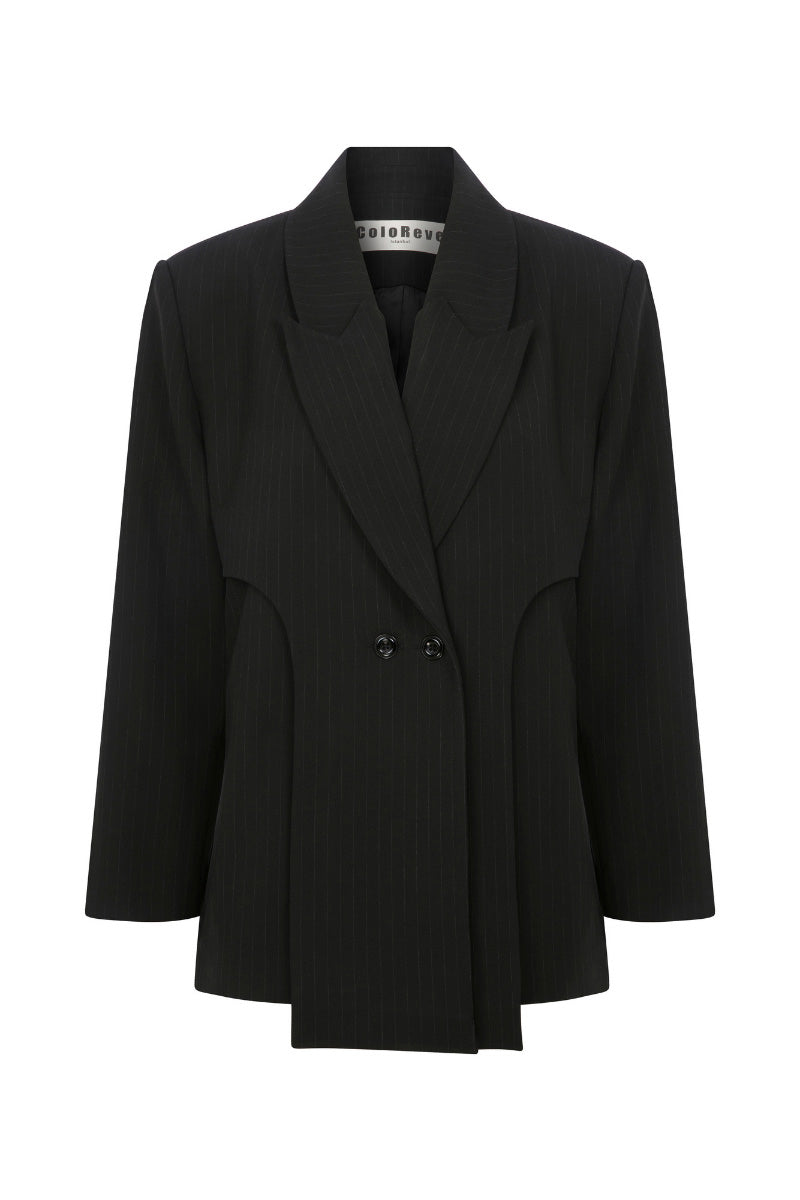 Black striped Fou blazer by ColoReve featuring a tailored fit and classic blazer style, shown on a hanger.