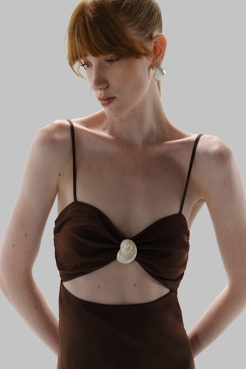 Baobab Josefina maxi dress in cocoa color with flowing fabric and sleeveless design, perfect for summer or casual wear.