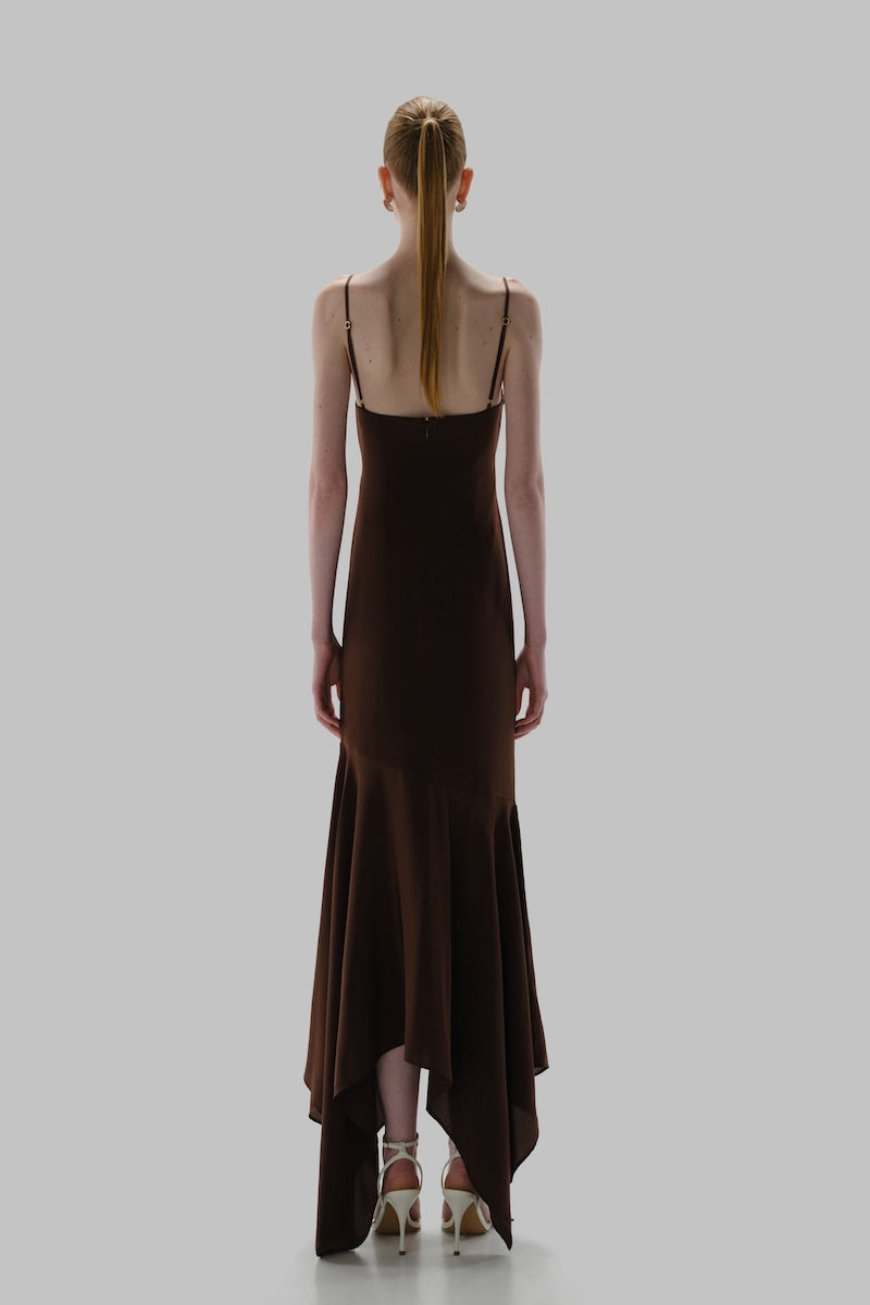 Baobab Josefina Maxi Dress in cocoa color displayed on a model, featuring a flowing silhouette and elegant design.