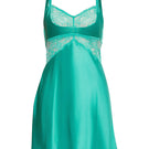 NK Imode Morgan Cradle Bust silk chemise in turquoise, featuring delicate straps and smooth silk fabric, suitable as a luxurious nightgown.