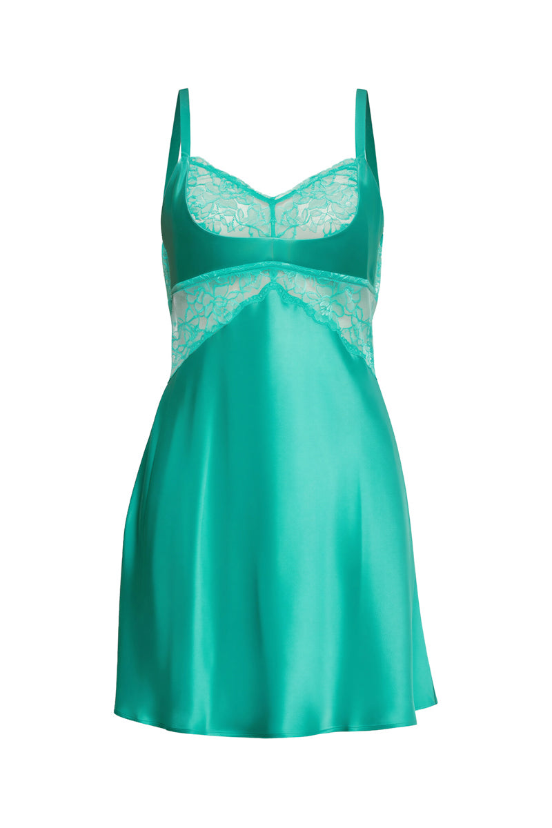NK Imode Morgan Cradle Bust silk chemise nightgown in turquoise, featuring delicate lace details and a relaxed fit.