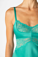 Turquoise silk chemise nightgown from NK IMODE Morgan Cradle Bust collection, featuring delicate design and feminine fit.