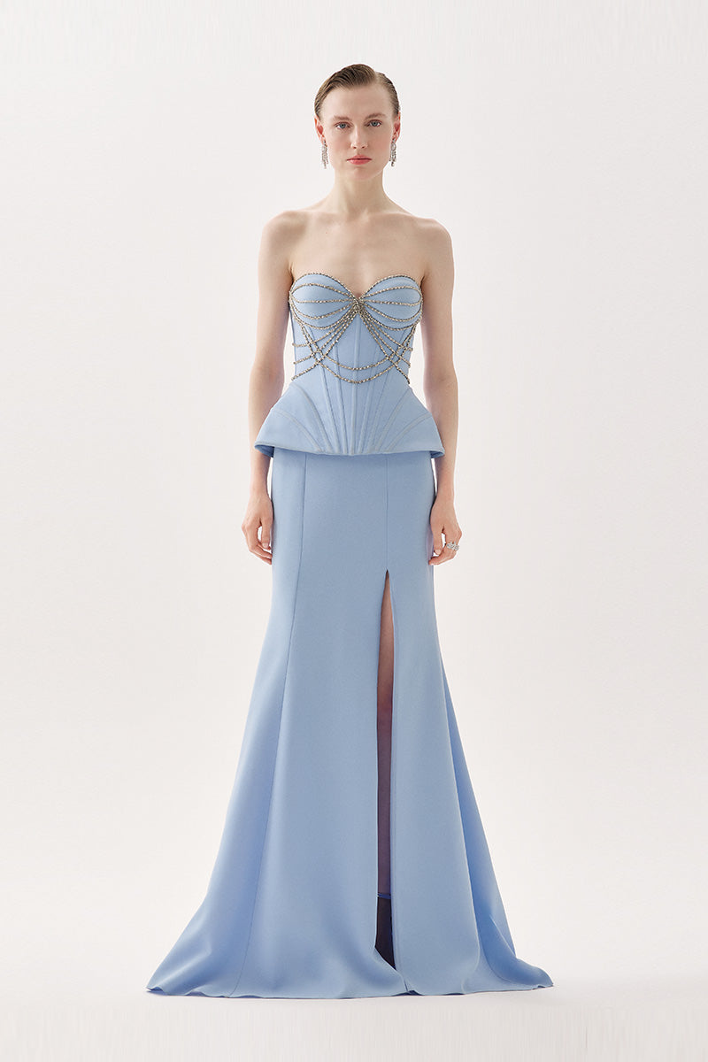 Blue Aura Caella co-ords set by Tarık Ediz, featuring a stylish top and matching pants with elegant design details.