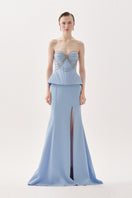 Blue Aura Caella co-ords set by Tarık Ediz, featuring stylish matching top and pants with a vibrant, elegant design.