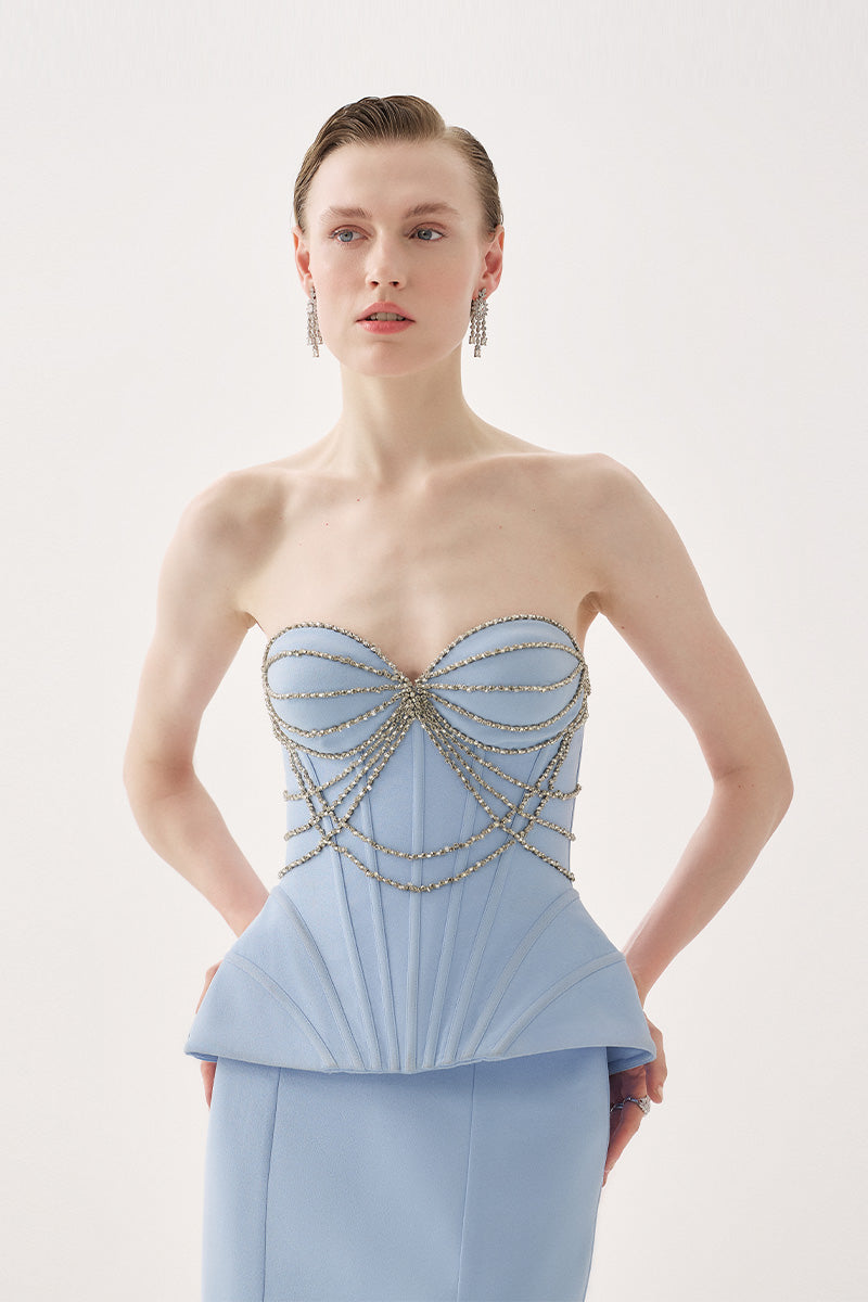 Tarık Ediz Caella Blue Aura co-ords set featuring a stylish matching top and pants in vibrant blue fabric.
