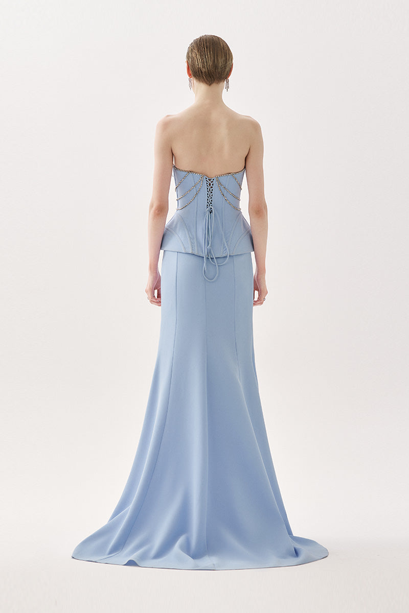 Blue Aura Caella co-ords set by Tarık Ediz, featuring stylish matching top and pants in vibrant blue fabric.