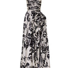 Black and ivory Daffodil gown by Tarık Ediz displayed on a ghost mannequin, showcasing elegant front view of the evening dress.