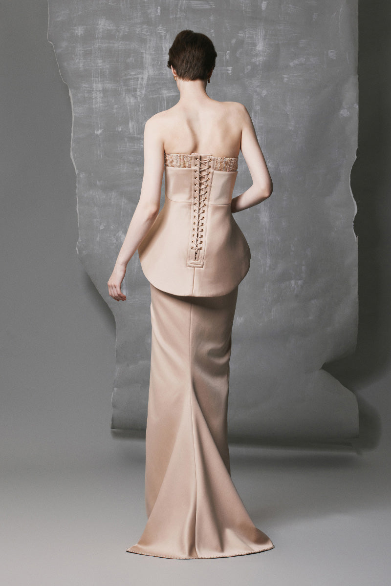 GOLDEN BEIGE PEPLUM TRUMPET BEADED DRESS | CULT MIA | Phan Huy GOLDEN BEIGE PEPLUM TRUMPET BEADED DRESS | CULT MIA | Phan Huy