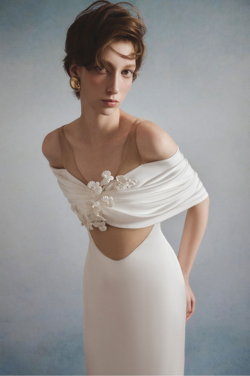 White Plan Isolde draped maxi dress featuring flowing fabric and elegant design, perfect for a stylish, comfortable look.