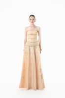 Elegant nude gold-banded embellished A-line gown by Happy Clothing with intricate detailing and flowing fabric.