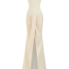 Elegant satin crystal gown by CEM featuring a flowing design with intricate crystal embellishments.