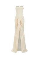 Elegant satin crystal gown by CEM featuring a flowing design with intricate crystal embellishments.