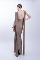 LEDIEL Olga Taupe Dress, elegant gown with flowing fabric and subtle drape, perfect for formal occasions.